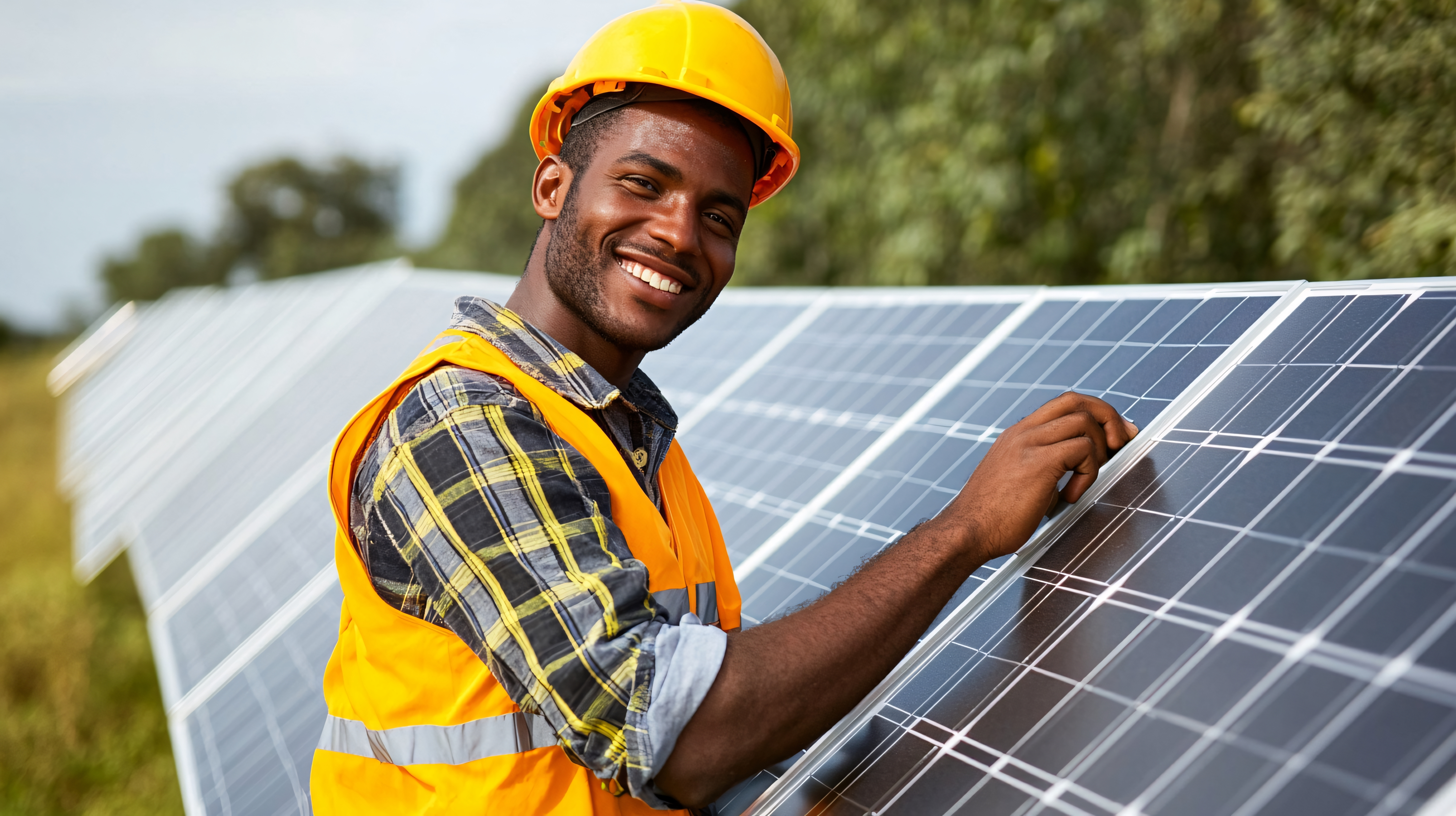 Technician checking solar panel photovoltaic plant